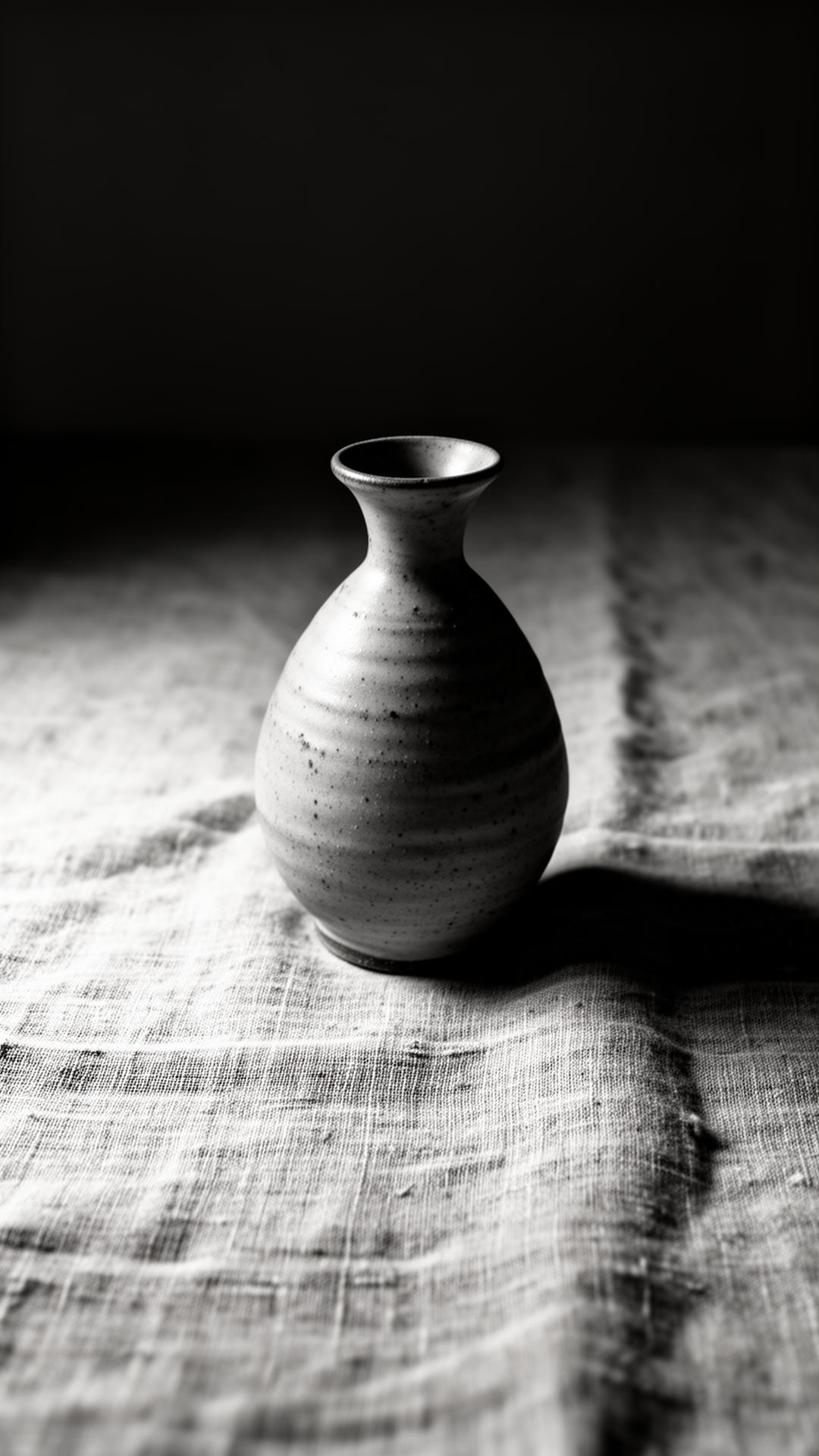 A single hand-thrown vessel on linen
